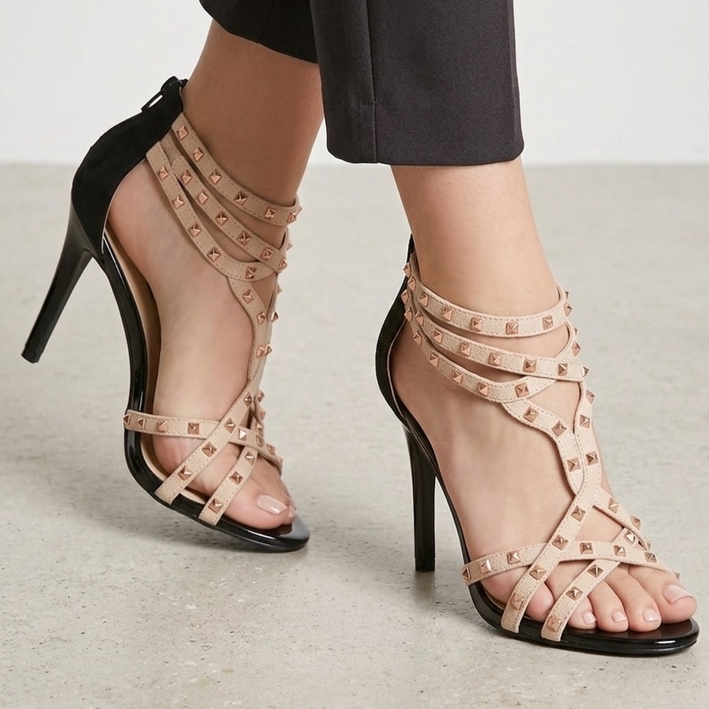 👡✨ Forever 21 Cream & Black Studded Strappy Stiletto Heels | NWT | Size 8